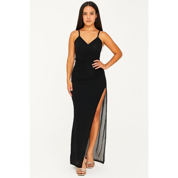 Tower USA Black Ruched Maxi Dress High Slit Sparkle Sheer Gown Women’s S - Picture 1 of 10